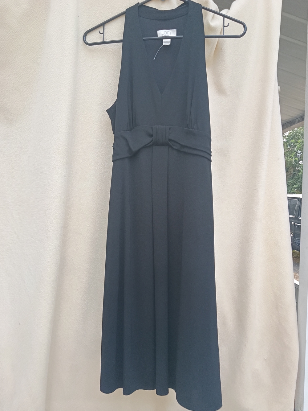 LOFT Black Sleeveless V-Neck Midi Dress with Waist Bow